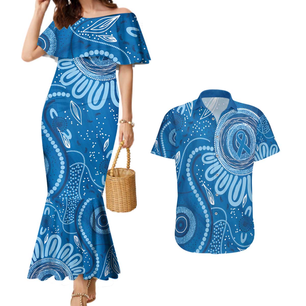 Australia Indigenous Couples Matching Mermaid Dress and Hawaiian Shirt Blue Ribbon Prostate Cancer Awareness - Aussie Hoodie