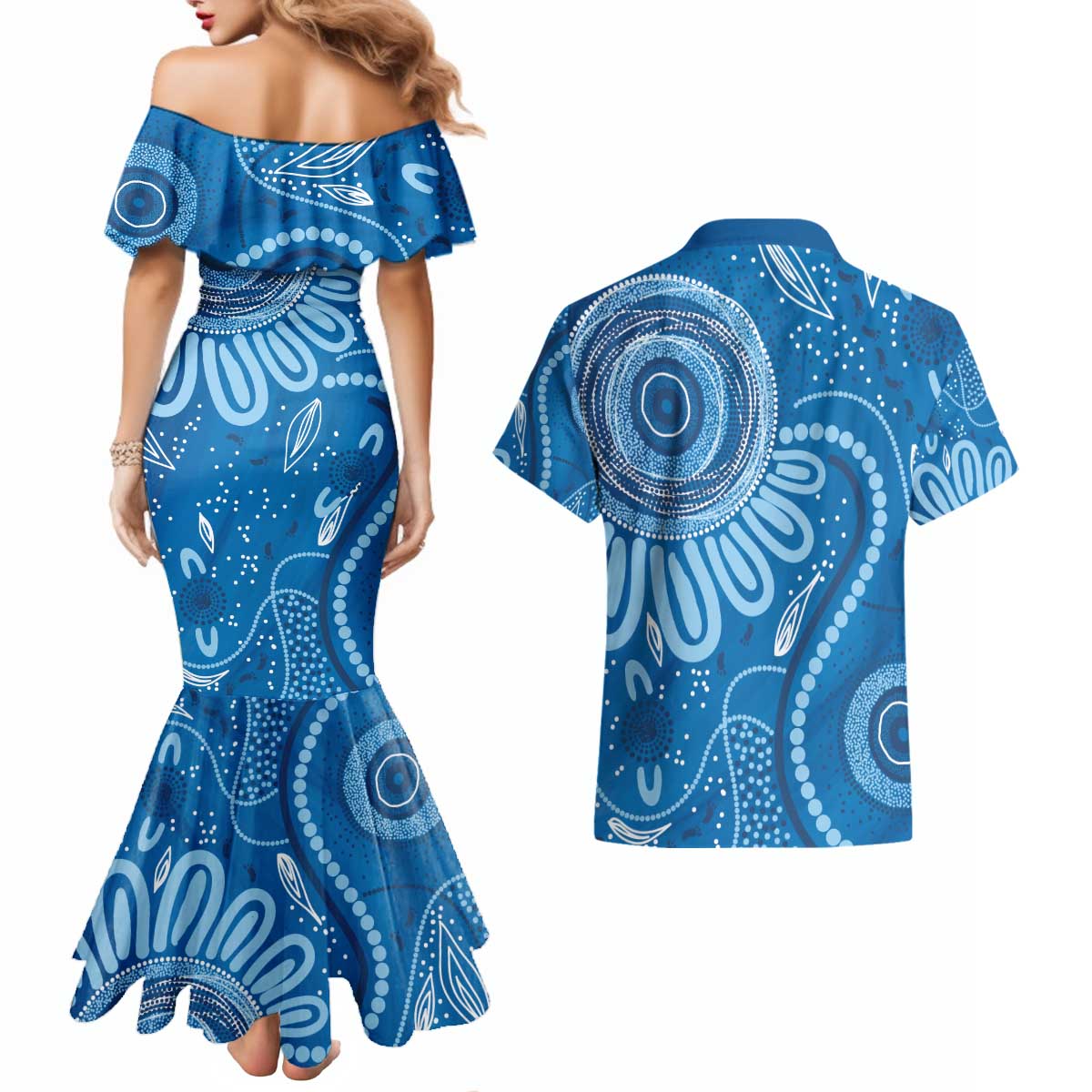 Australia Indigenous Couples Matching Mermaid Dress and Hawaiian Shirt Blue Ribbon Prostate Cancer Awareness - Aussie Hoodie