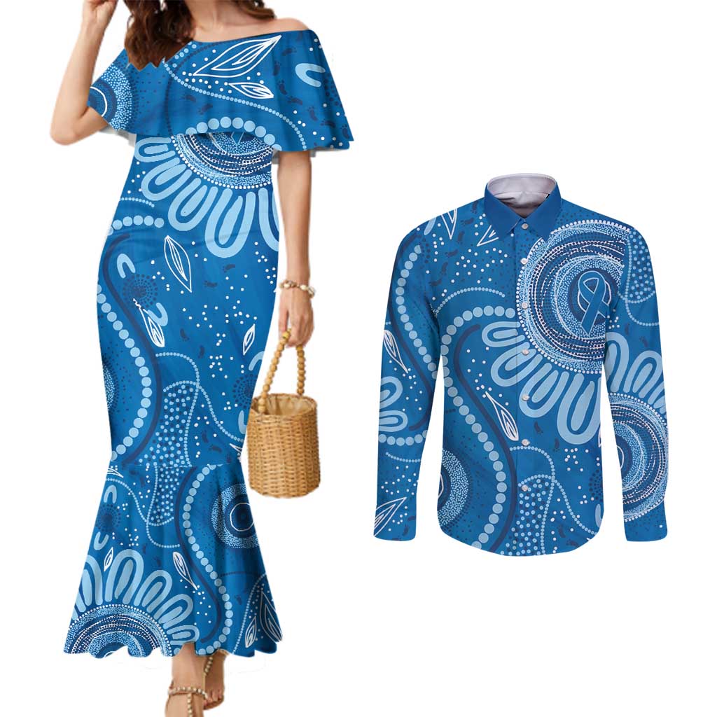 Australia Indigenous Couples Matching Mermaid Dress and Long Sleeve Button Shirt Blue Ribbon Prostate Cancer Awareness - Aussie Hoodie