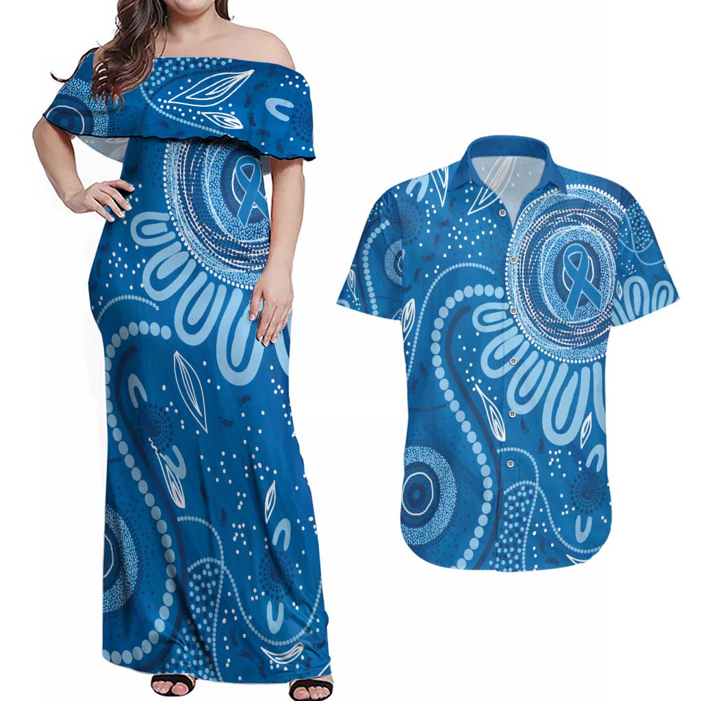 Australia Indigenous Couples Matching Off Shoulder Maxi Dress and Hawaiian Shirt Blue Ribbon Prostate Cancer Awareness - Aussie Hoodie