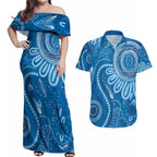 Australia Indigenous Couples Matching Off Shoulder Maxi Dress and Hawaiian Shirt Blue Ribbon Prostate Cancer Awareness - Aussie Hoodie
