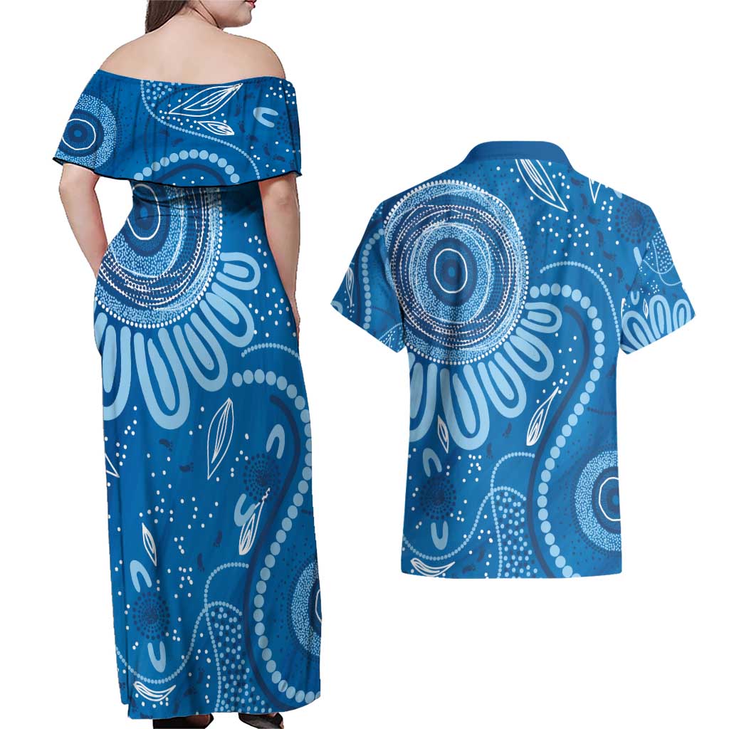 Australia Indigenous Couples Matching Off Shoulder Maxi Dress and Hawaiian Shirt Blue Ribbon Prostate Cancer Awareness - Aussie Hoodie