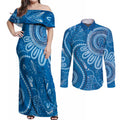 Australia Indigenous Couples Matching Off Shoulder Maxi Dress and Long Sleeve Button Shirt Blue Ribbon Prostate Cancer Awareness - Aussie Hoodie
