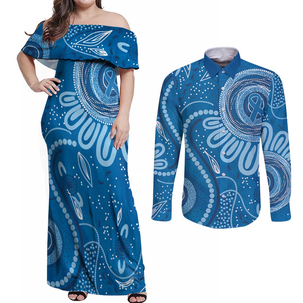 Australia Indigenous Couples Matching Off Shoulder Maxi Dress and Long Sleeve Button Shirt Blue Ribbon Prostate Cancer Awareness - Aussie Hoodie