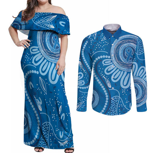 Australia Indigenous Couples Matching Off Shoulder Maxi Dress and Long Sleeve Button Shirt Blue Ribbon Prostate Cancer Awareness - Aussie Hoodie