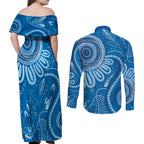 Australia Indigenous Couples Matching Off Shoulder Maxi Dress and Long Sleeve Button Shirt Blue Ribbon Prostate Cancer Awareness - Aussie Hoodie