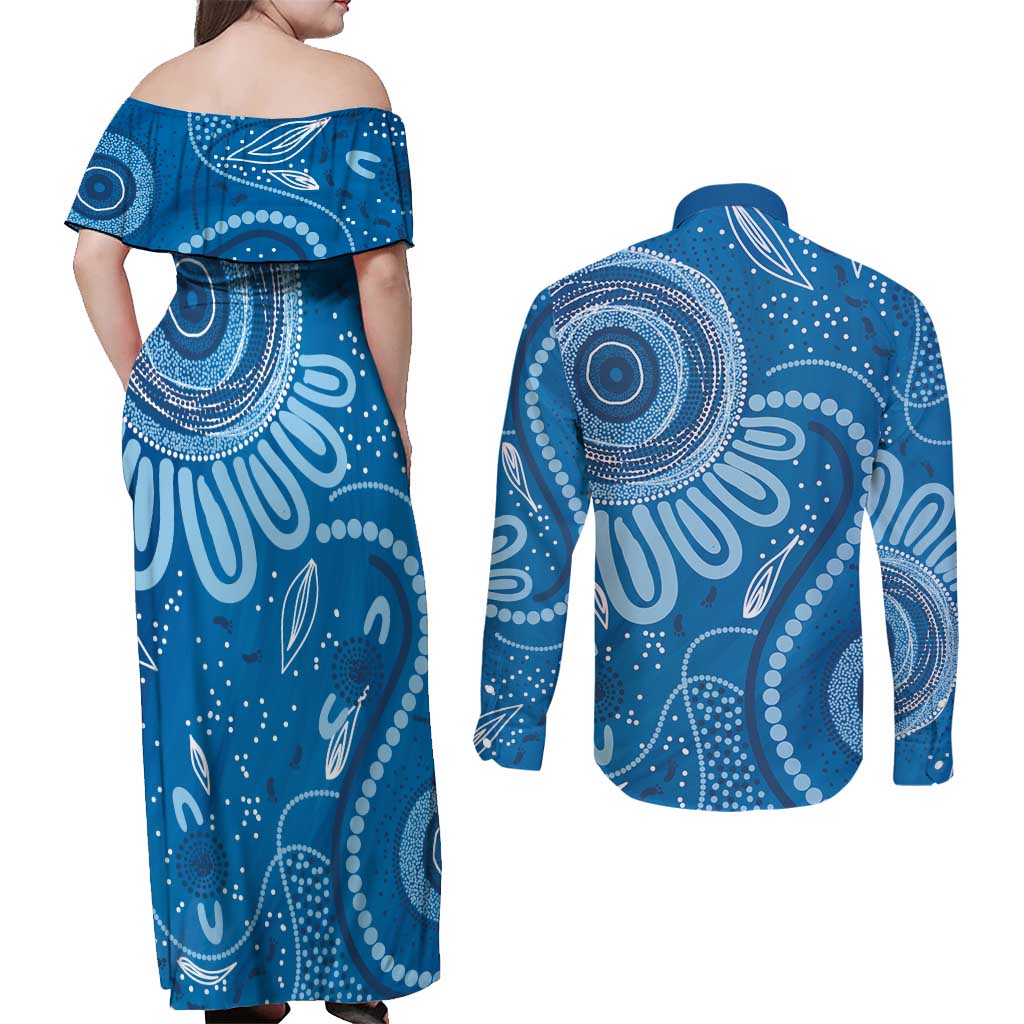 Australia Indigenous Couples Matching Off Shoulder Maxi Dress and Long Sleeve Button Shirt Blue Ribbon Prostate Cancer Awareness - Aussie Hoodie