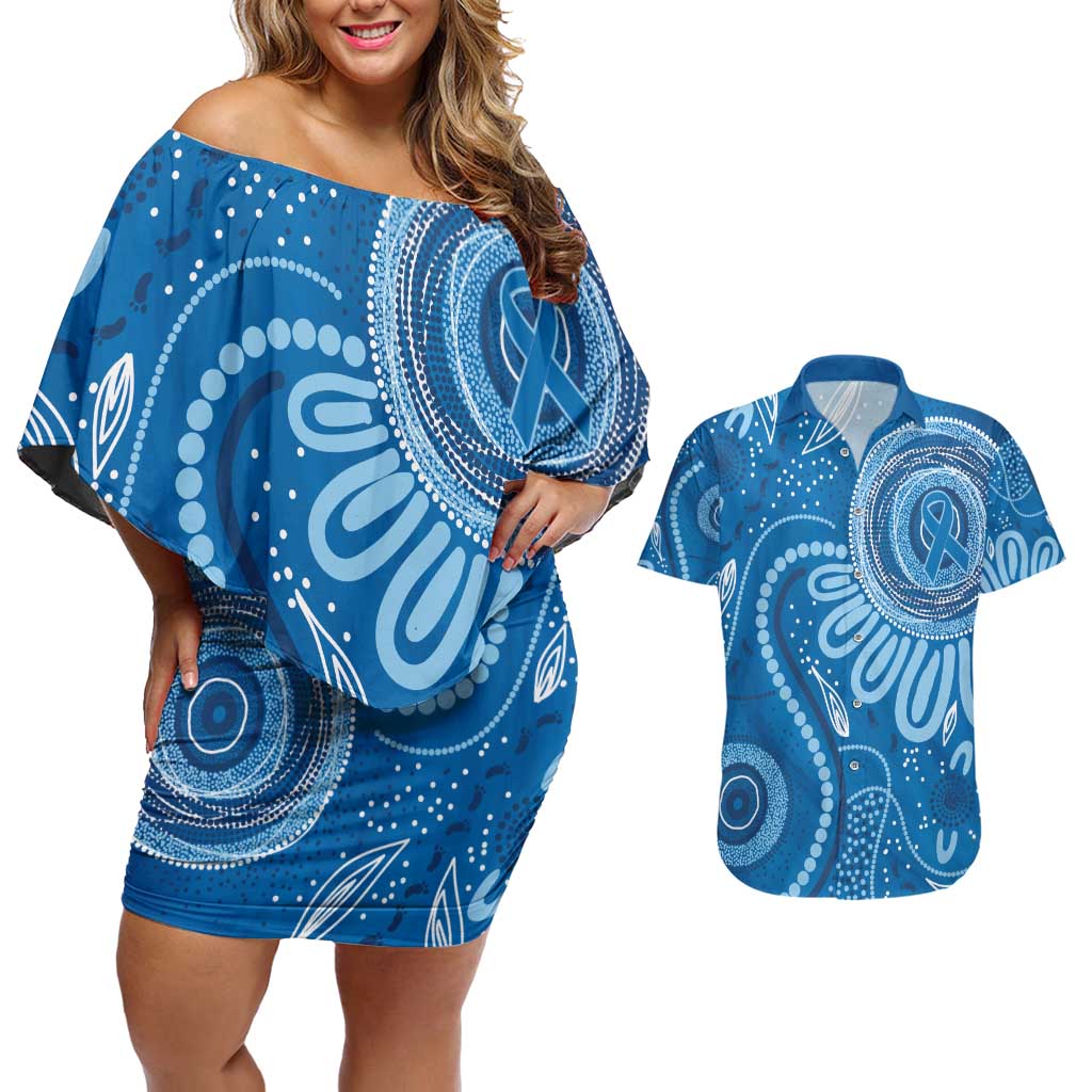 Australia Indigenous Couples Matching Off Shoulder Short Dress and Hawaiian Shirt Blue Ribbon Prostate Cancer Awareness - Aussie Hoodie