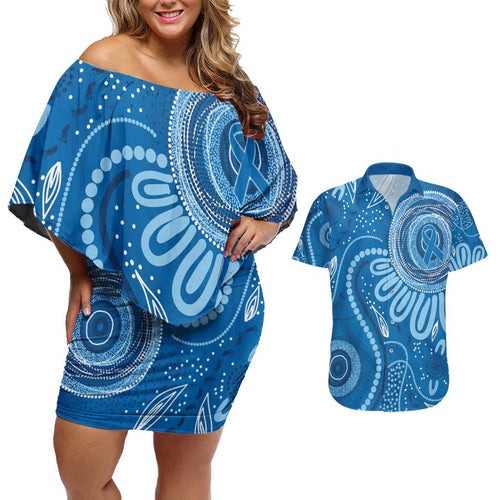 Australia Indigenous Couples Matching Off Shoulder Short Dress and Hawaiian Shirt Blue Ribbon Prostate Cancer Awareness - Aussie Hoodie