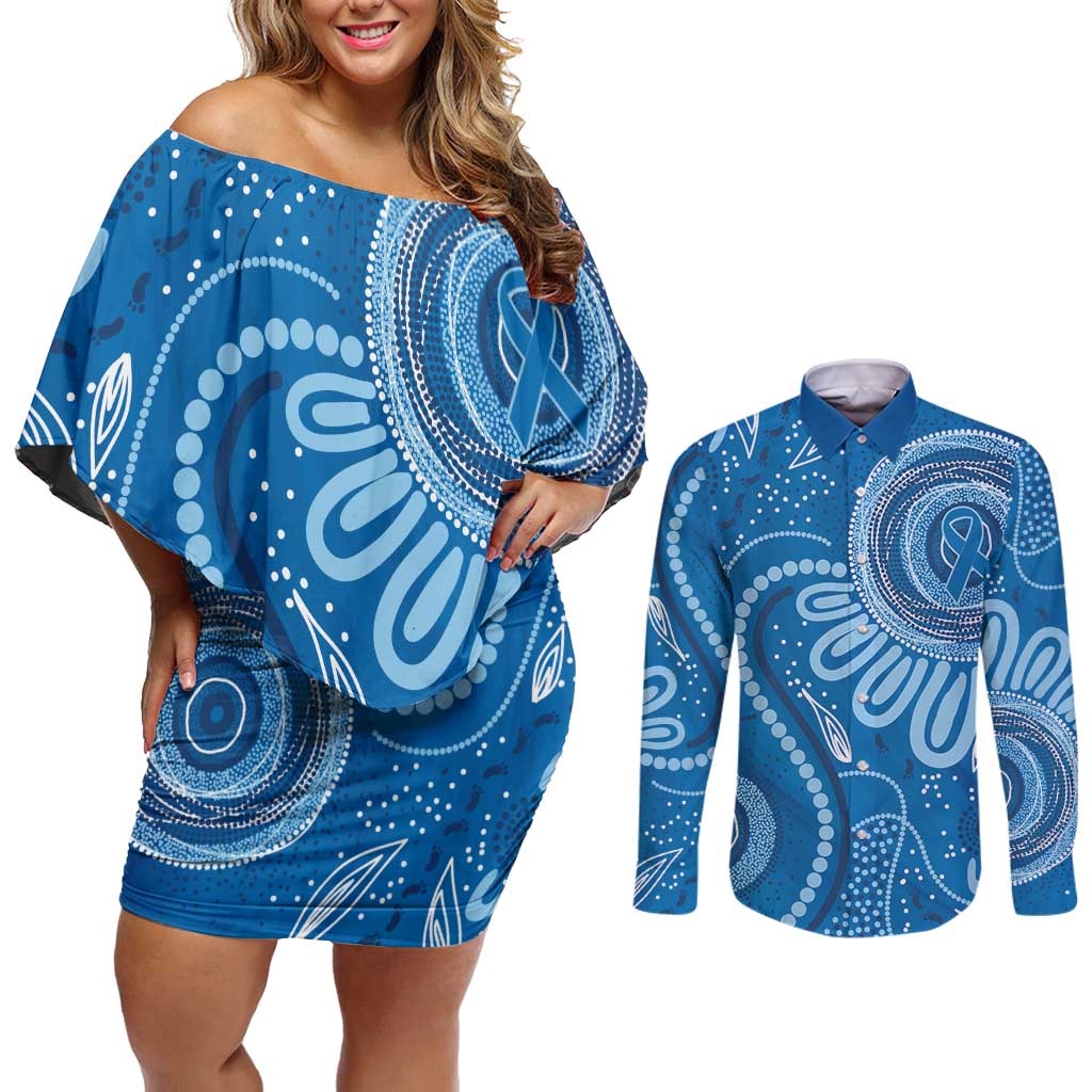Australia Indigenous Couples Matching Off Shoulder Short Dress and Long Sleeve Button Shirt Blue Ribbon Prostate Cancer Awareness - Aussie Hoodie