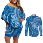 Australia Indigenous Couples Matching Off Shoulder Short Dress and Long Sleeve Button Shirt Blue Ribbon Prostate Cancer Awareness - Aussie Hoodie