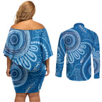 Australia Indigenous Couples Matching Off Shoulder Short Dress and Long Sleeve Button Shirt Blue Ribbon Prostate Cancer Awareness - Aussie Hoodie