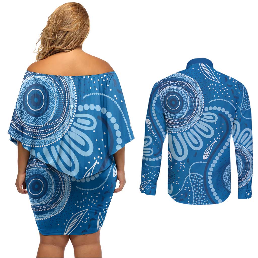 Australia Indigenous Couples Matching Off Shoulder Short Dress and Long Sleeve Button Shirt Blue Ribbon Prostate Cancer Awareness - Aussie Hoodie