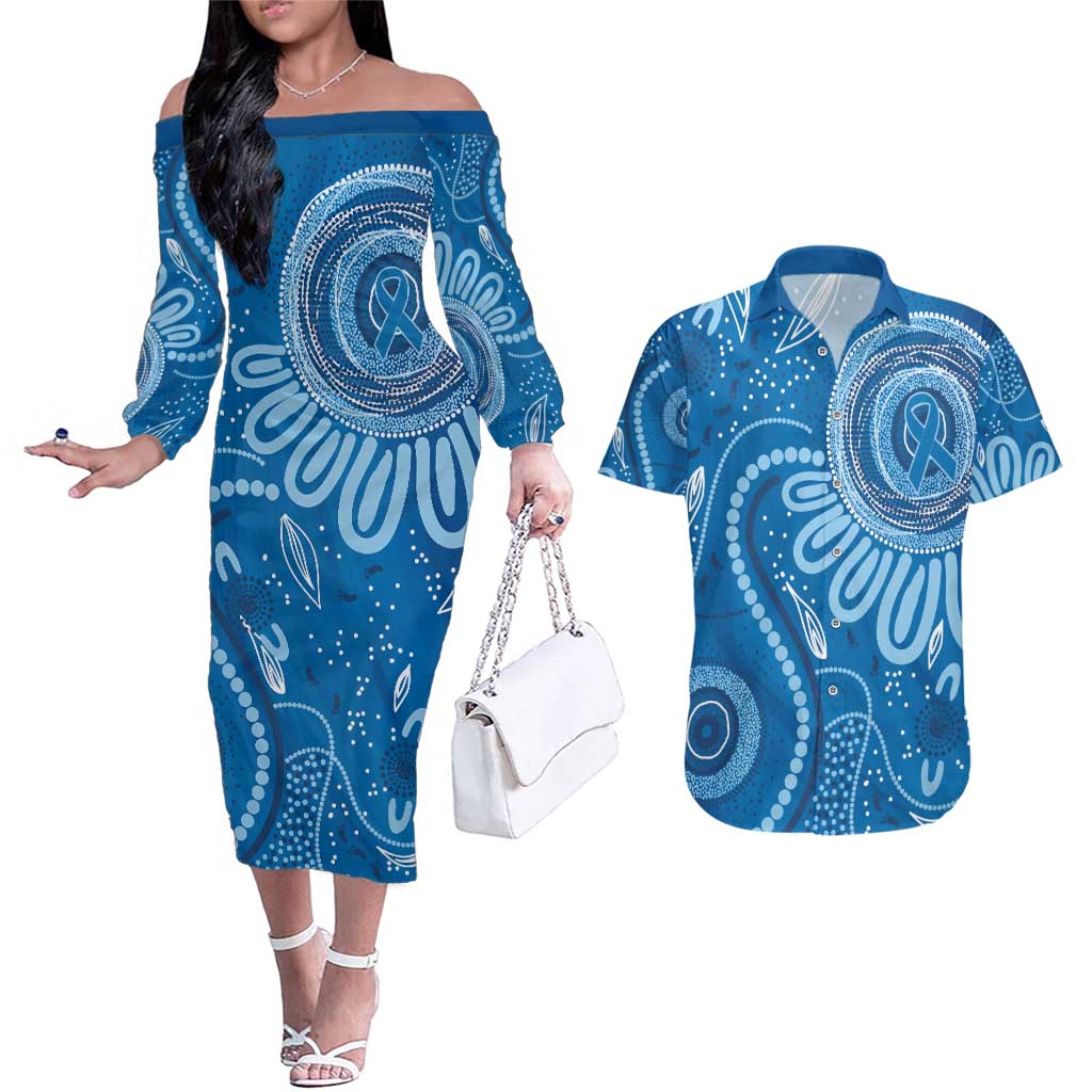 Australia Indigenous Couples Matching Off The Shoulder Long Sleeve Dress and Hawaiian Shirt Blue Ribbon Prostate Cancer Awareness - Aussie Hoodie