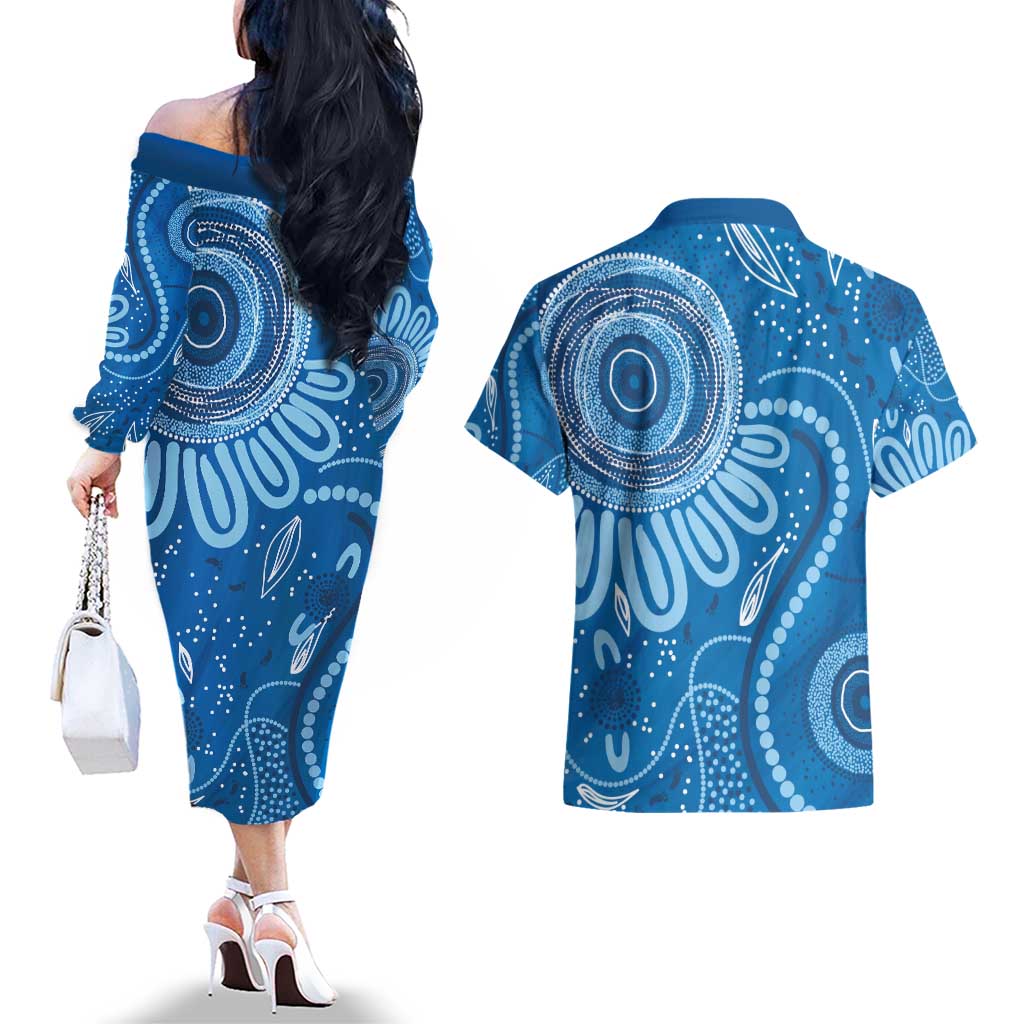 Australia Indigenous Couples Matching Off The Shoulder Long Sleeve Dress and Hawaiian Shirt Blue Ribbon Prostate Cancer Awareness - Aussie Hoodie