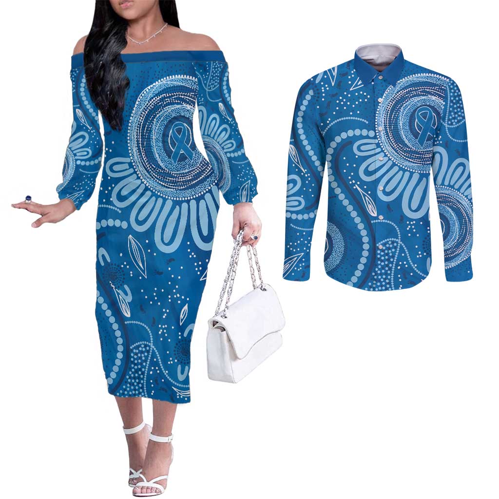 Australia Indigenous Couples Matching Off The Shoulder Long Sleeve Dress and Long Sleeve Button Shirt Blue Ribbon Prostate Cancer Awareness - Aussie Hoodie