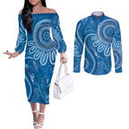 Australia Indigenous Couples Matching Off The Shoulder Long Sleeve Dress and Long Sleeve Button Shirt Blue Ribbon Prostate Cancer Awareness - Aussie Hoodie
