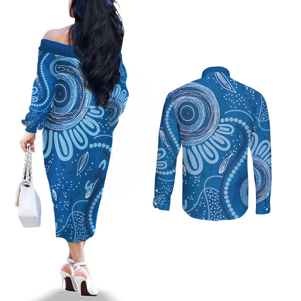 Australia Indigenous Couples Matching Off The Shoulder Long Sleeve Dress and Long Sleeve Button Shirt Blue Ribbon Prostate Cancer Awareness - Aussie Hoodie