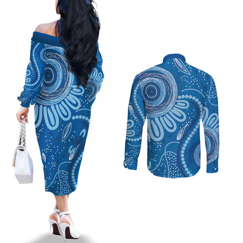 Australia Indigenous Couples Matching Off The Shoulder Long Sleeve Dress and Long Sleeve Button Shirt Blue Ribbon Prostate Cancer Awareness - Aussie Hoodie