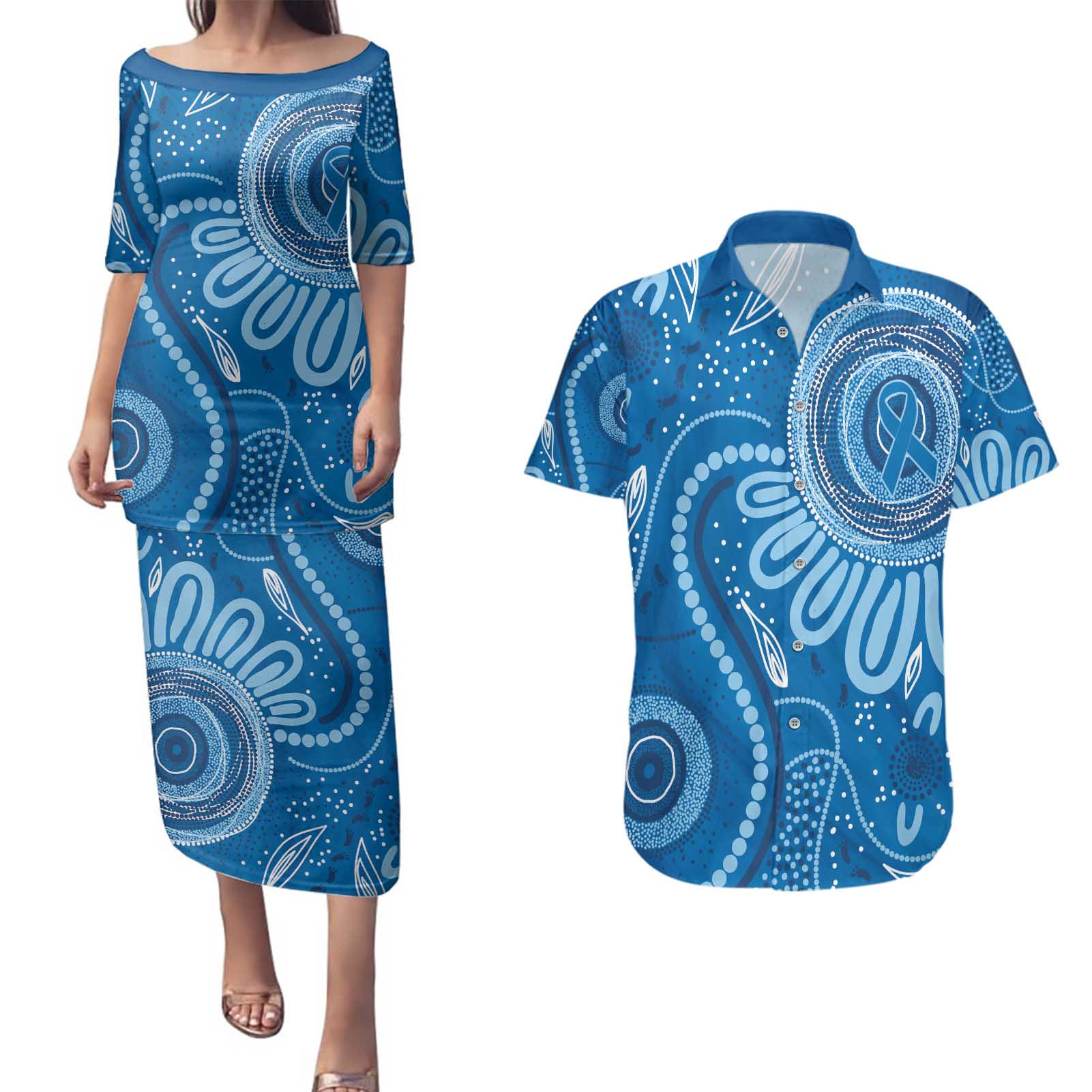 Australia Indigenous Couples Matching Puletasi and Hawaiian Shirt Blue Ribbon Prostate Cancer Awareness - Aussie Hoodie
