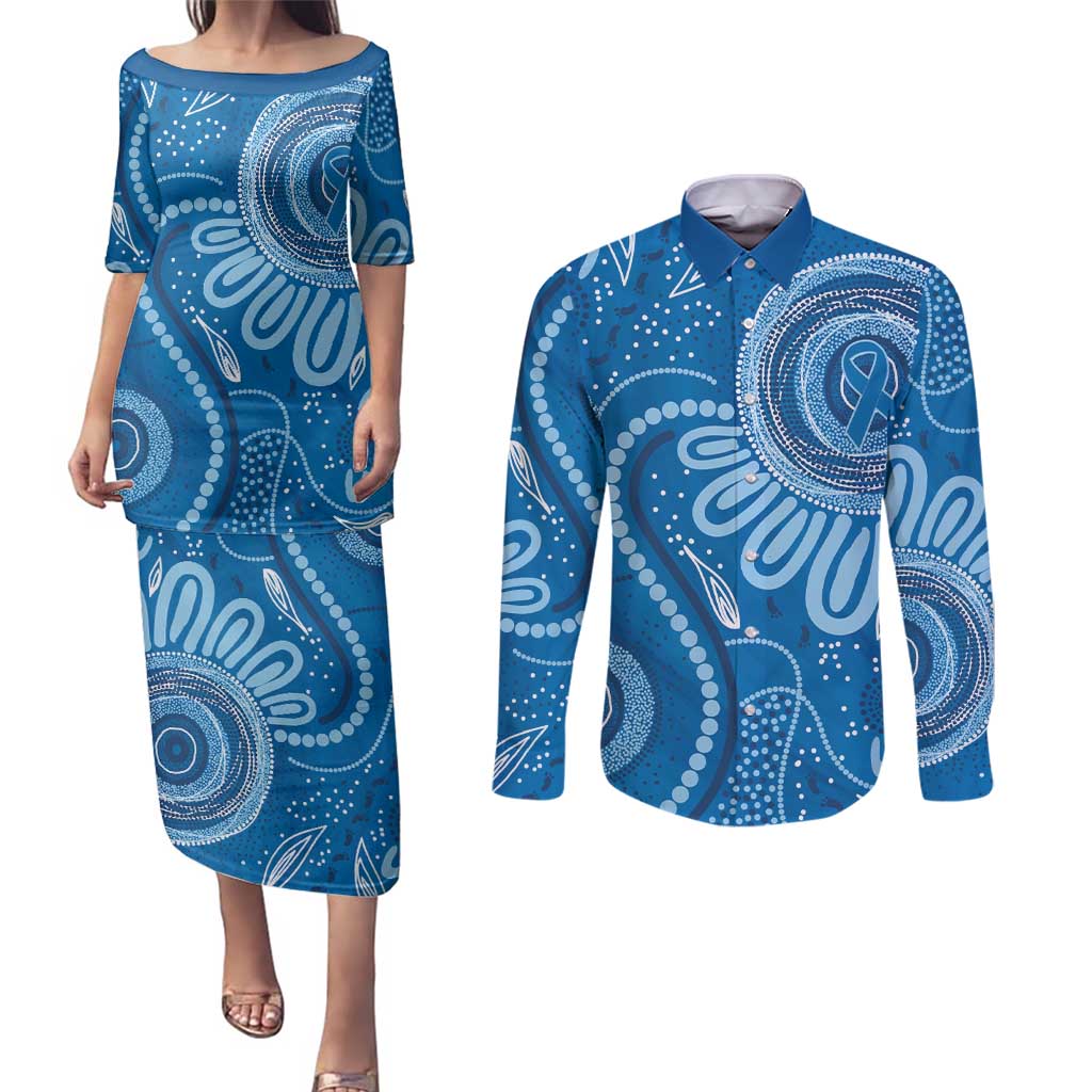 Australia Indigenous Couples Matching Puletasi and Long Sleeve Button Shirt Blue Ribbon Prostate Cancer Awareness - Aussie Hoodie