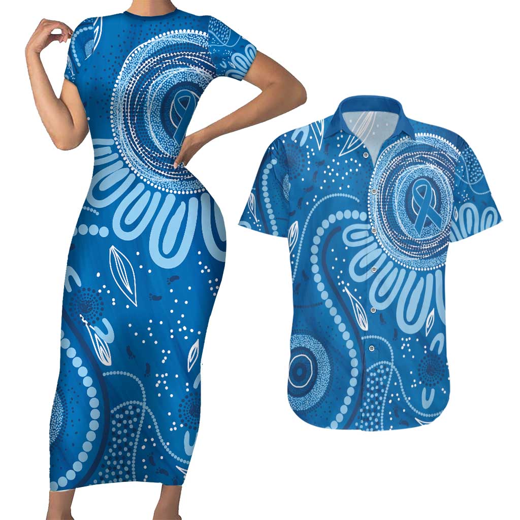 Australia Indigenous Couples Matching Short Sleeve Bodycon Dress and Hawaiian Shirt Blue Ribbon Prostate Cancer Awareness - Aussie Hoodie