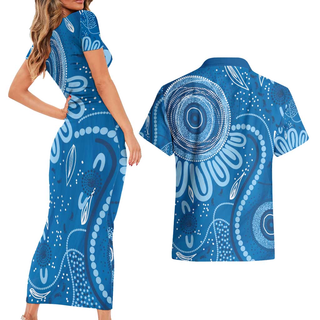 Australia Indigenous Couples Matching Short Sleeve Bodycon Dress and Hawaiian Shirt Blue Ribbon Prostate Cancer Awareness - Aussie Hoodie