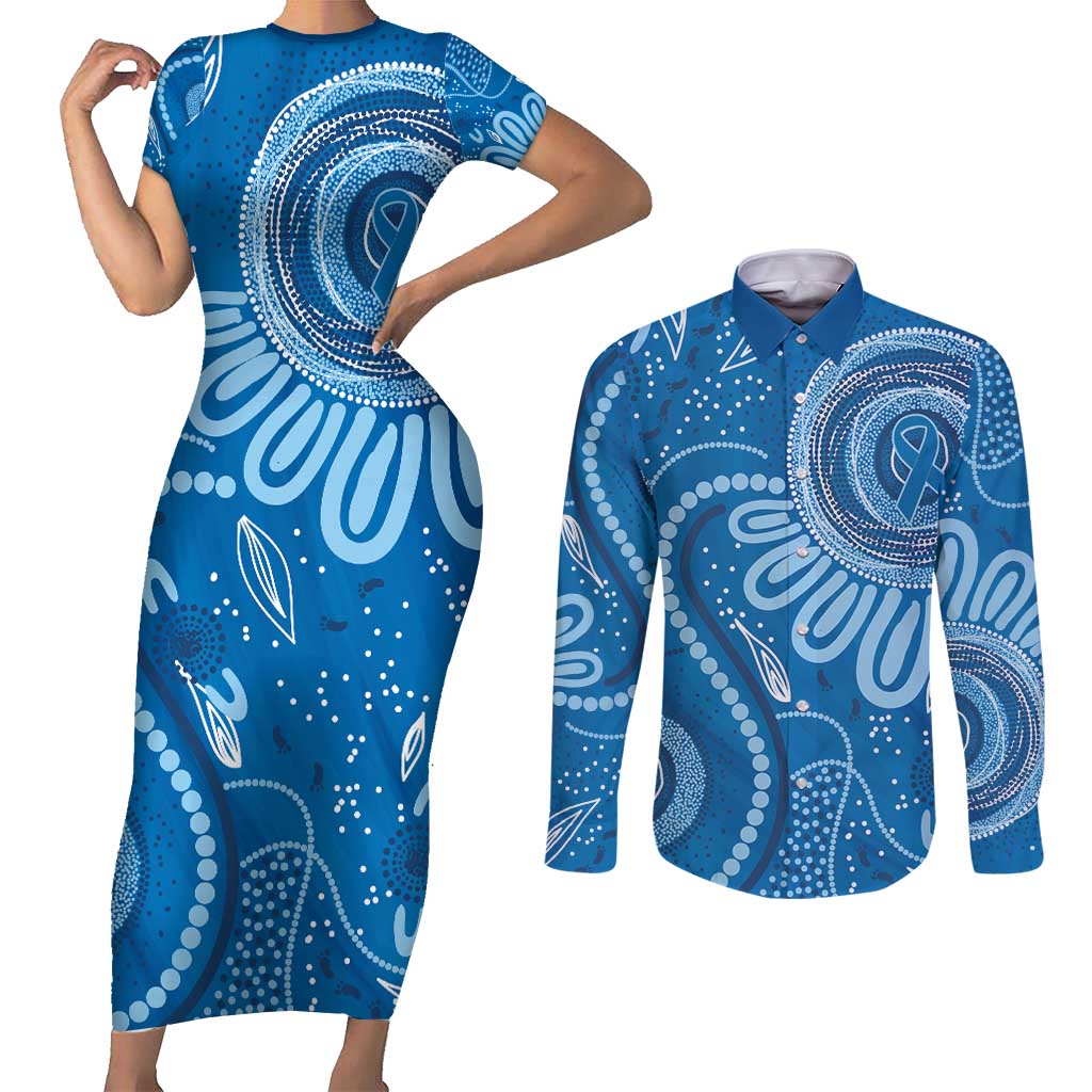 Australia Indigenous Couples Matching Short Sleeve Bodycon Dress and Long Sleeve Button Shirt Blue Ribbon Prostate Cancer Awareness - Aussie Hoodie