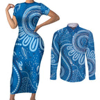 Australia Indigenous Couples Matching Short Sleeve Bodycon Dress and Long Sleeve Button Shirt Blue Ribbon Prostate Cancer Awareness - Aussie Hoodie