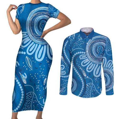 Australia Indigenous Couples Matching Short Sleeve Bodycon Dress and Long Sleeve Button Shirt Blue Ribbon Prostate Cancer Awareness - Aussie Hoodie