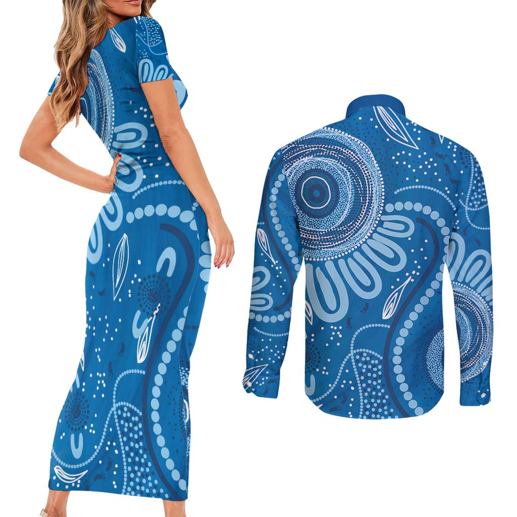Australia Indigenous Couples Matching Short Sleeve Bodycon Dress and Long Sleeve Button Shirt Blue Ribbon Prostate Cancer Awareness - Aussie Hoodie