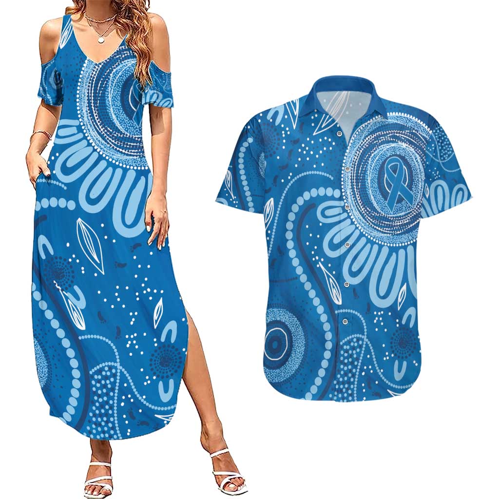Australia Indigenous Couples Matching Summer Maxi Dress and Hawaiian Shirt Blue Ribbon Prostate Cancer Awareness - Aussie Hoodie