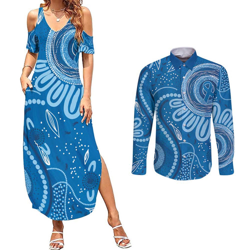 Australia Indigenous Couples Matching Summer Maxi Dress and Long Sleeve Button Shirt Blue Ribbon Prostate Cancer Awareness - Aussie Hoodie