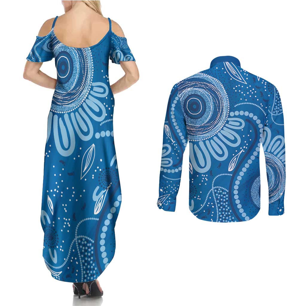 Australia Indigenous Couples Matching Summer Maxi Dress and Long Sleeve Button Shirt Blue Ribbon Prostate Cancer Awareness - Aussie Hoodie