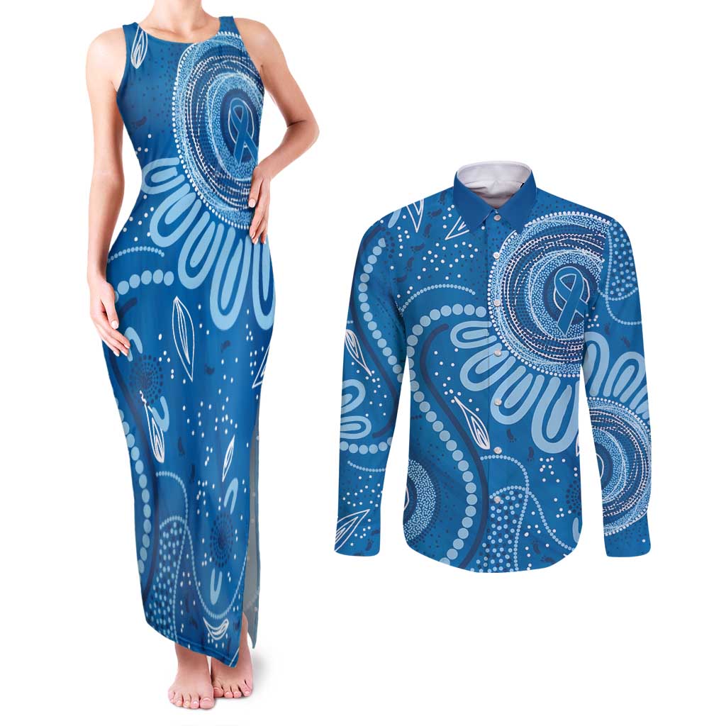 Australia Indigenous Couples Matching Tank Maxi Dress and Long Sleeve Button Shirt Blue Ribbon Prostate Cancer Awareness - Aussie Hoodie