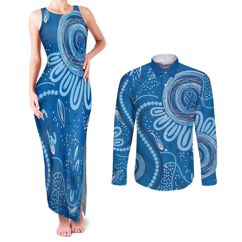 Australia Indigenous Couples Matching Tank Maxi Dress and Long Sleeve Button Shirt Blue Ribbon Prostate Cancer Awareness - Aussie Hoodie