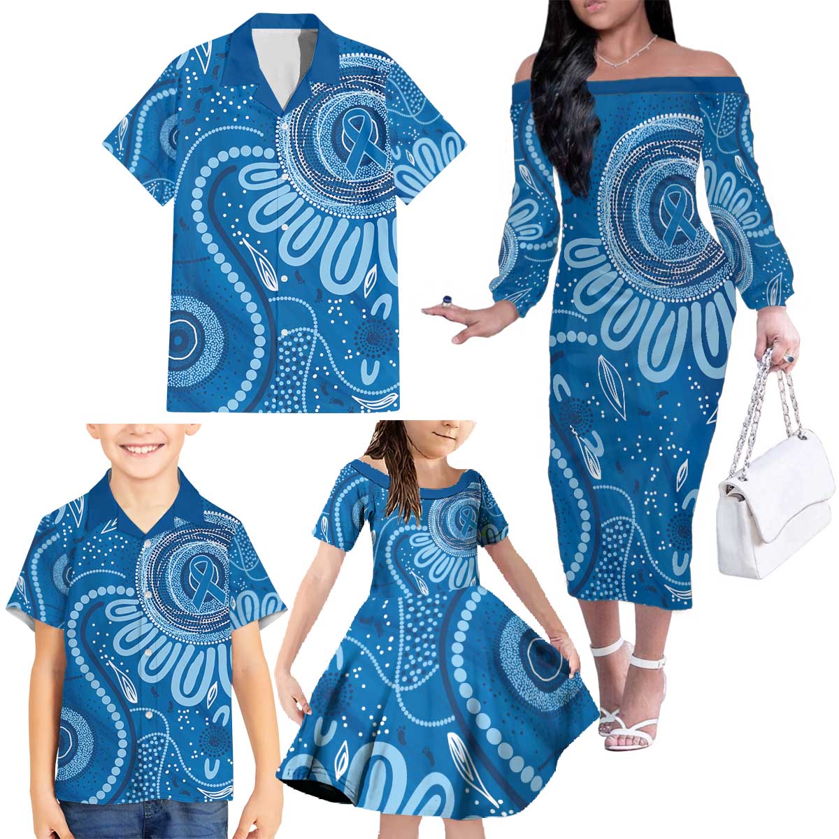 Australia Indigenous Family Matching Off The Shoulder Long Sleeve Dress and Hawaiian Shirt Blue Ribbon Prostate Cancer Awareness - Aussie Hoodie