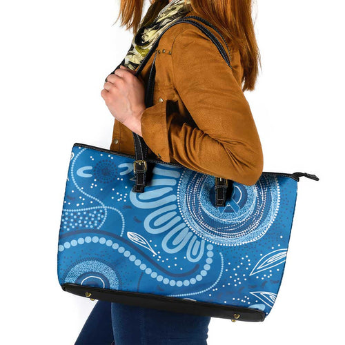 Australia Indigenous Leather Tote Bag Blue Ribbon Prostate Cancer Awareness - Aussie Hoodie