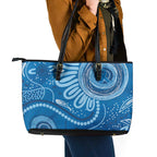 Australia Indigenous Leather Tote Bag Blue Ribbon Prostate Cancer Awareness - Aussie Hoodie