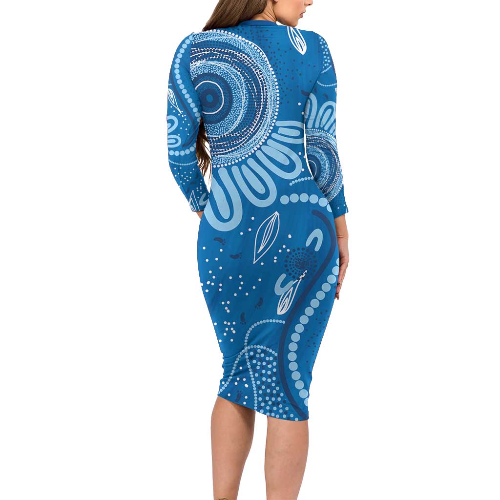 Australia Indigenous Long Sleeve Bodycon Dress Blue Ribbon Prostate Cancer Awareness - Aussie Hoodie