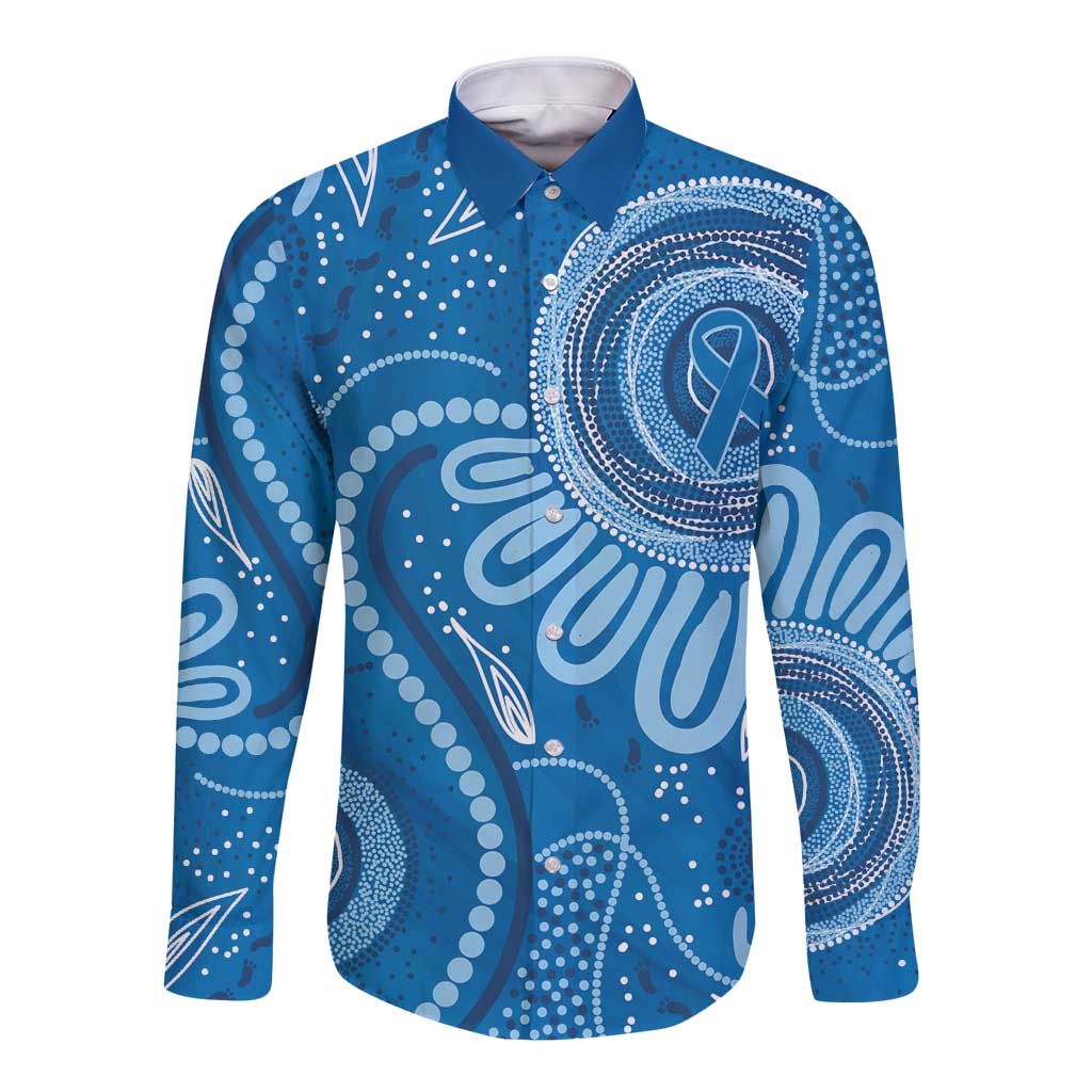 Australia Indigenous Long Sleeve Button Shirt Blue Ribbon Prostate Cancer Awareness - Aussie Hoodie