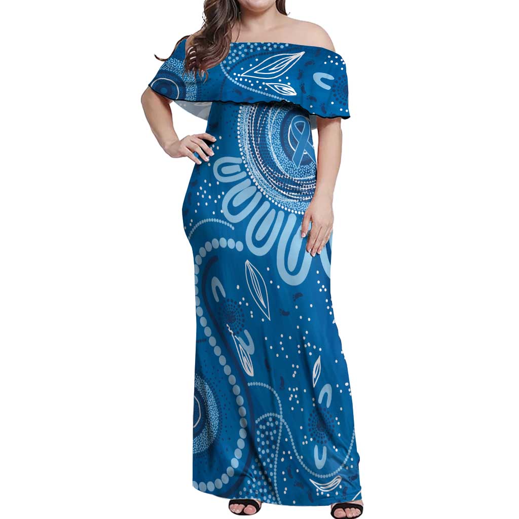 Australia Indigenous Off Shoulder Maxi Dress Blue Ribbon Prostate Cancer Awareness - Aussie Hoodie