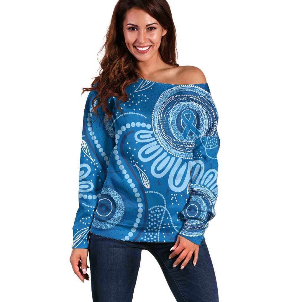 Australia Indigenous Off Shoulder Sweater Blue Ribbon Prostate Cancer Awareness - Aussie Hoodie
