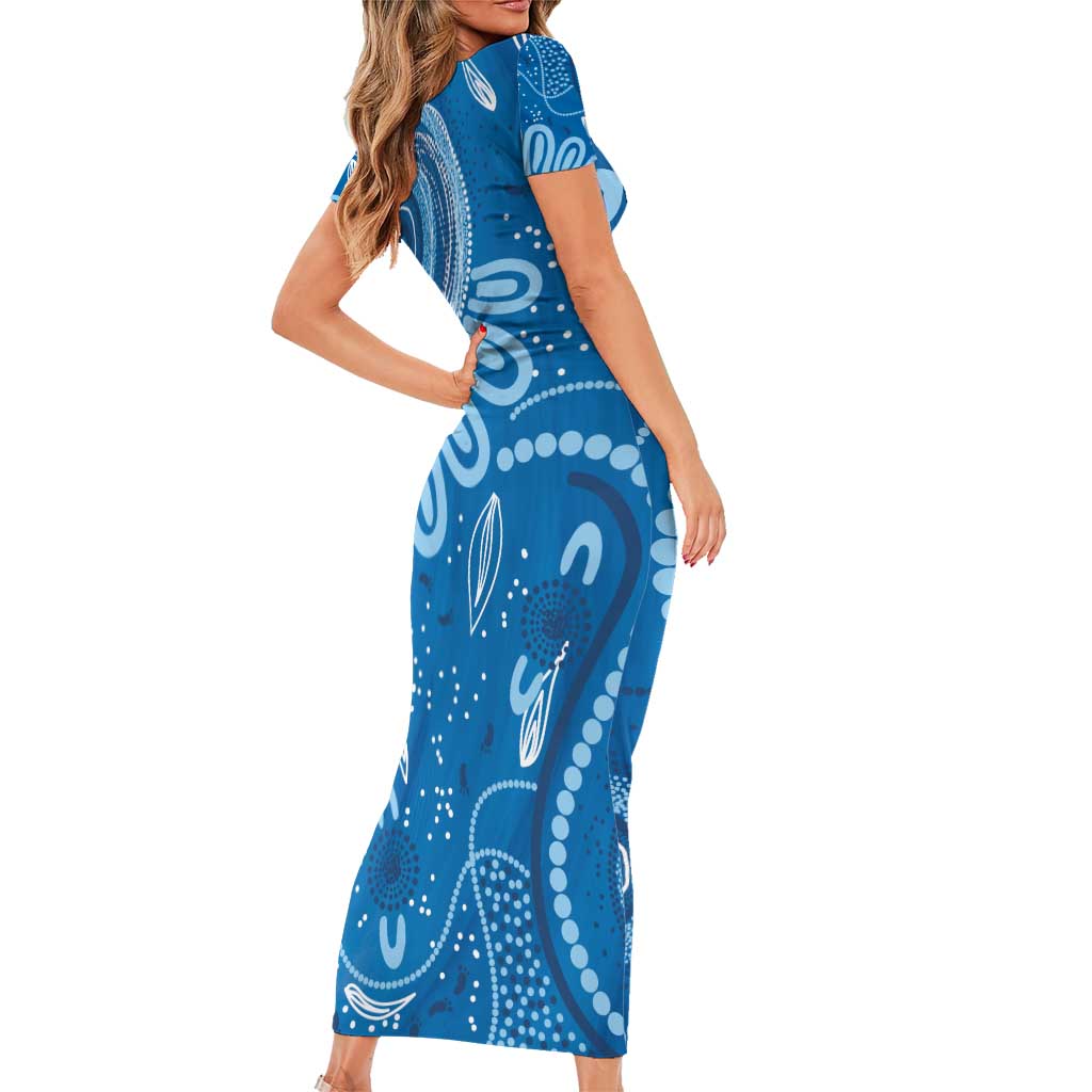 Australia Indigenous Short Sleeve Bodycon Dress Blue Ribbon Prostate Cancer Awareness - Aussie Hoodie
