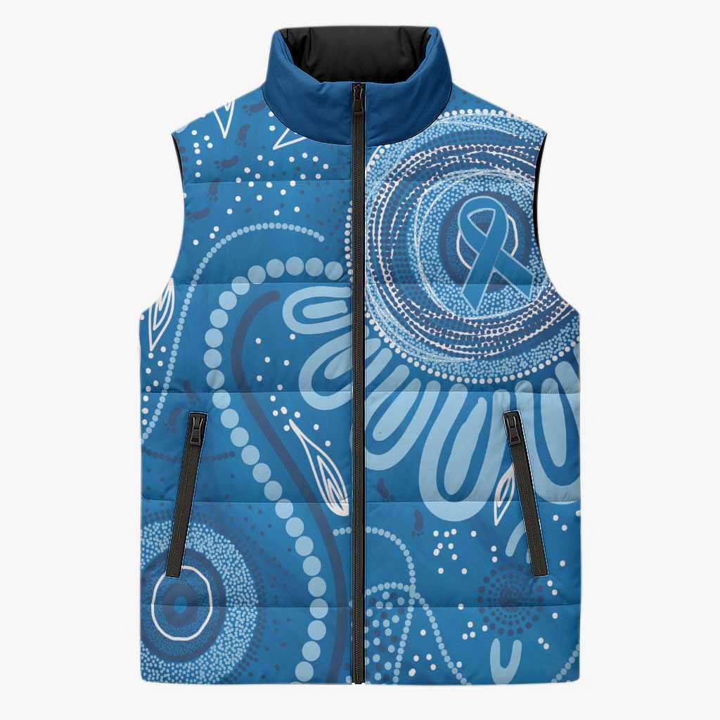 Australia Indigenous Sleeveless Puffer Jacket Blue Ribbon Prostate Cancer Awareness - Aussie Hoodie
