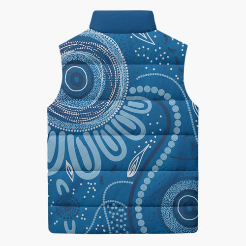 Australia Indigenous Sleeveless Puffer Jacket Blue Ribbon Prostate Cancer Awareness - Aussie Hoodie