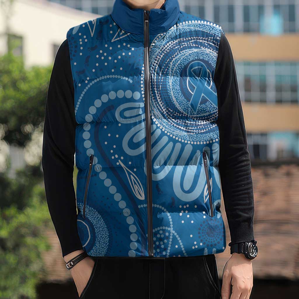 Australia Indigenous Sleeveless Puffer Jacket Blue Ribbon Prostate Cancer Awareness - Aussie Hoodie
