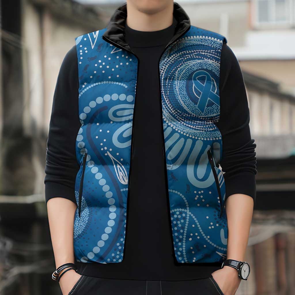 Australia Indigenous Sleeveless Puffer Jacket Blue Ribbon Prostate Cancer Awareness - Aussie Hoodie