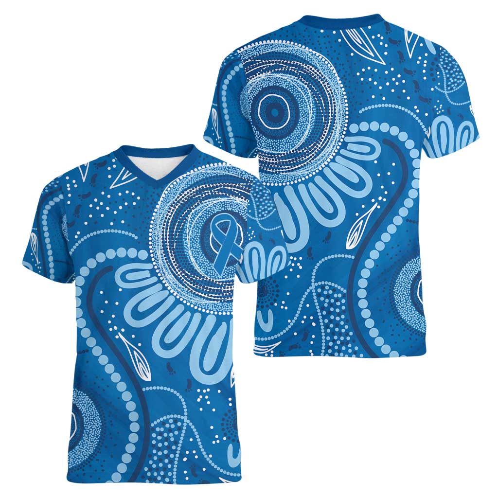 Australia Indigenous Women V-Neck T-Shirt Blue Ribbon Prostate Cancer Awareness - Aussie Hoodie