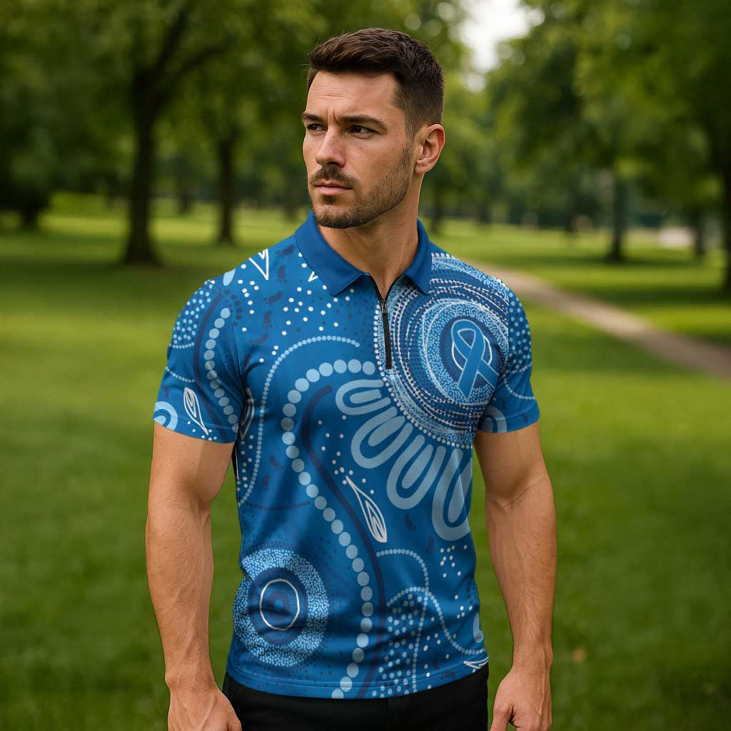 Australia Indigenous Zipper Polo Shirt Blue Ribbon Prostate Cancer Awareness - Aussie Hoodie